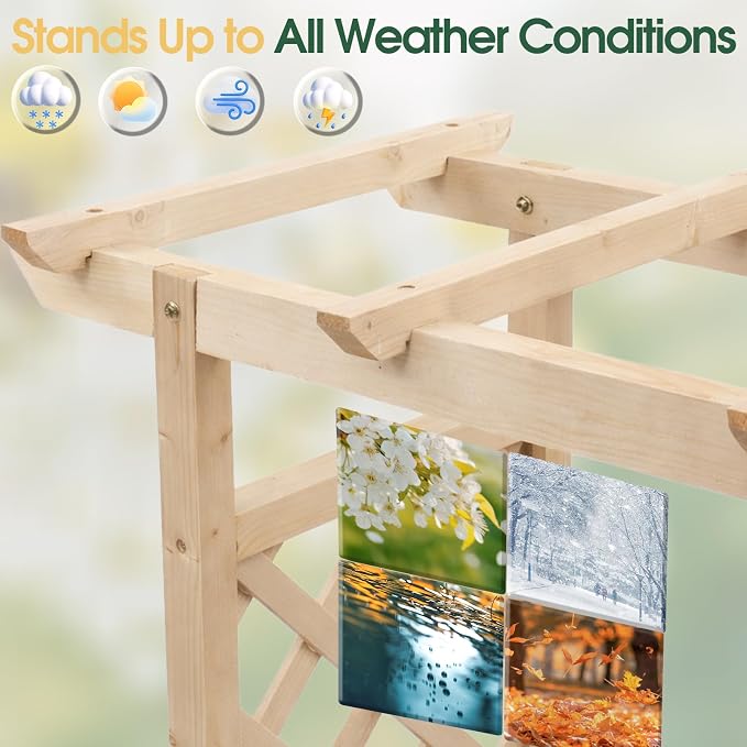 VINGLI Raised Garden Bed with Trellis & Hanging Roof, Wooden Planter Box with Drainage Holes for Outdoor Climbing Plants Vegetables Flowers, Patio Yard Balcony (Natural, Medium)
