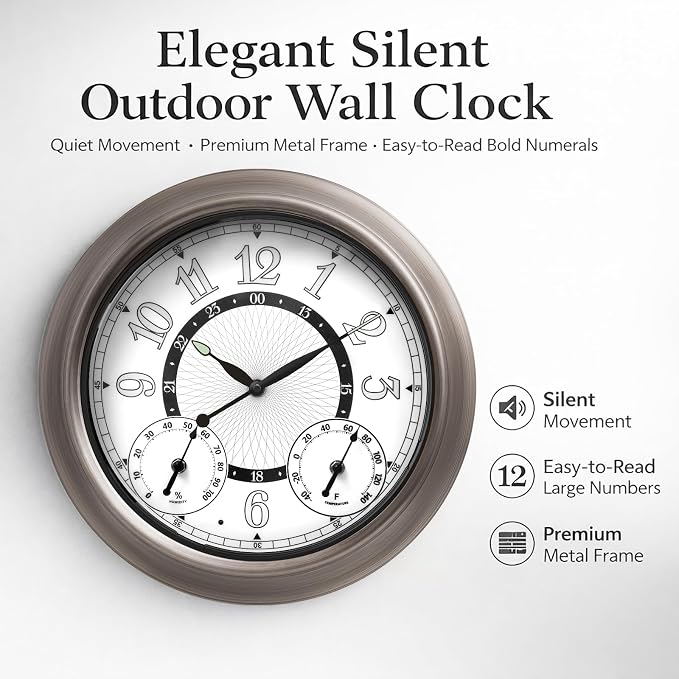 Pytha Sight Illuminated Large Metal Outdoor Clocks Waterproof 15 Inches with AI Auto Light Smart Sensor,Large Indoor Outdoor Wall Clocks with Thermometer & Hygrometer for Patio, Pool, Garden,Porch