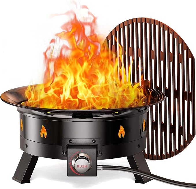 Ciays Large Propane Fire Pit 19 Inch, Gas Fire Pit with Grill Grate, Folding Legs, Hose Hooks, Propane Tank Holder, Cover & Carry Strap, Portable Outdoor Fire Pit for Camping, 58,000 BTU