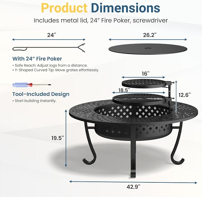 Wisteria Lane 3 in 1 43" Extra Large Fire Pit for Outside Wood Burning with 2 Adjustable Grills, Outdoor Fireplace with Lid and Fire Poker, BBQ & Bonfire & Round Metal Table for Patio, Backyard