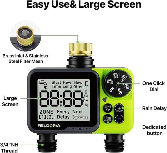 Sprinkler Timer, Programmable Brass Inlet Watering Timer for Garden Hose, Fit 3/4” US Faucet, Outdoor Soaker Auto Manual Hose Timer with Rain Delay, Drip Irrigation for Lawn Yard, 2 Outlets