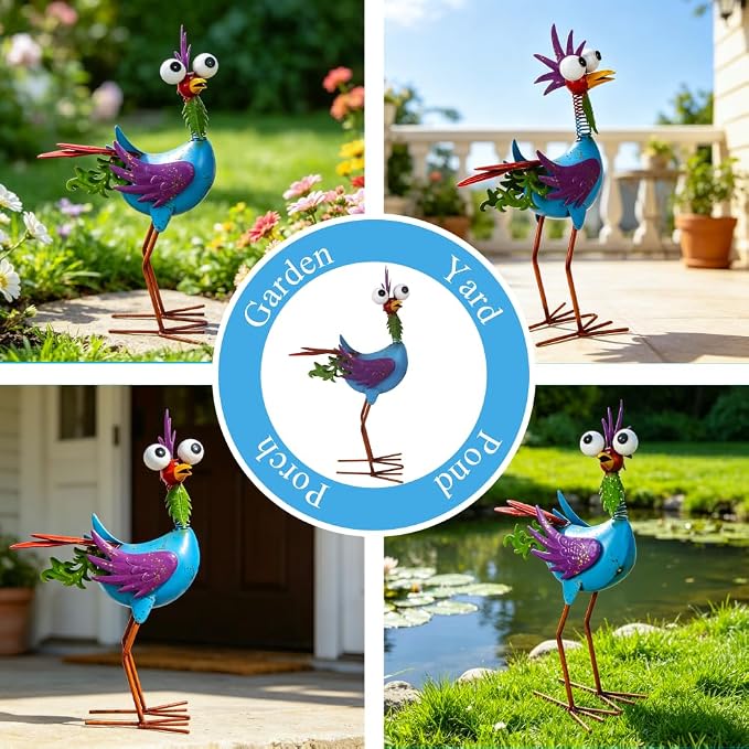 Metal Wacky Rooste Garden Statue, 17‘’ Rooster Decor Yard Statue Decorations Outdoor, Chicken Yard Art for Outside, Patio, Backyard, Lawn (Blue & Purple)