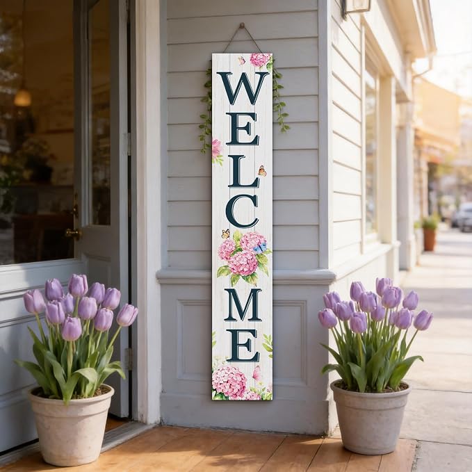 Welcome Sign for Front Porch, 47" Wood Framed Porch Sign Hydrangea Flower Decorations with Hanging Rope, Farmhouse Yard Signs Home Decor for Outdoor Patio