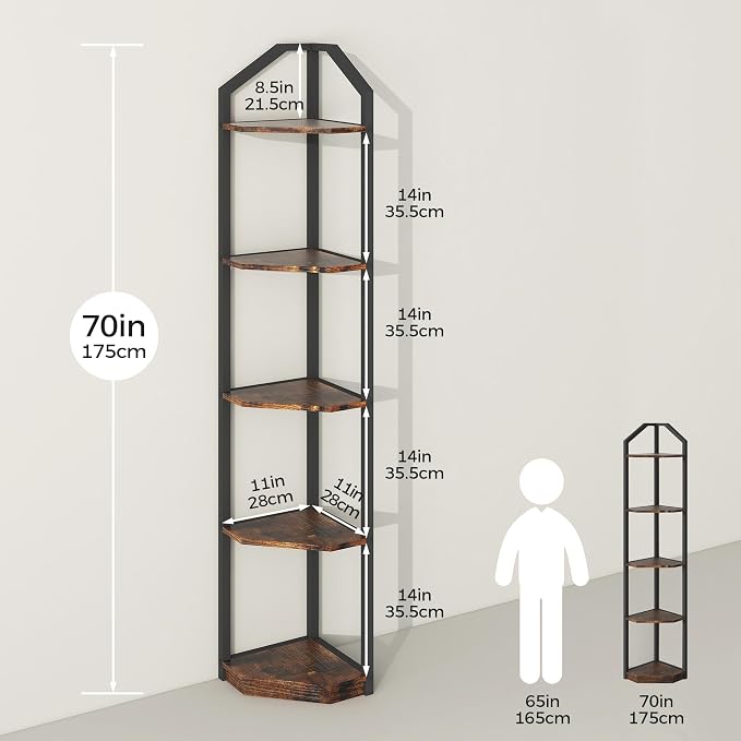 Fun Memories 5 Tier Corner Shelf, 70” Corner Shelf Stand, Corner Bookshelf Plant Stand, Storage Shelf for Bathroom, Living Room, Kitchen,Home Office, Brown