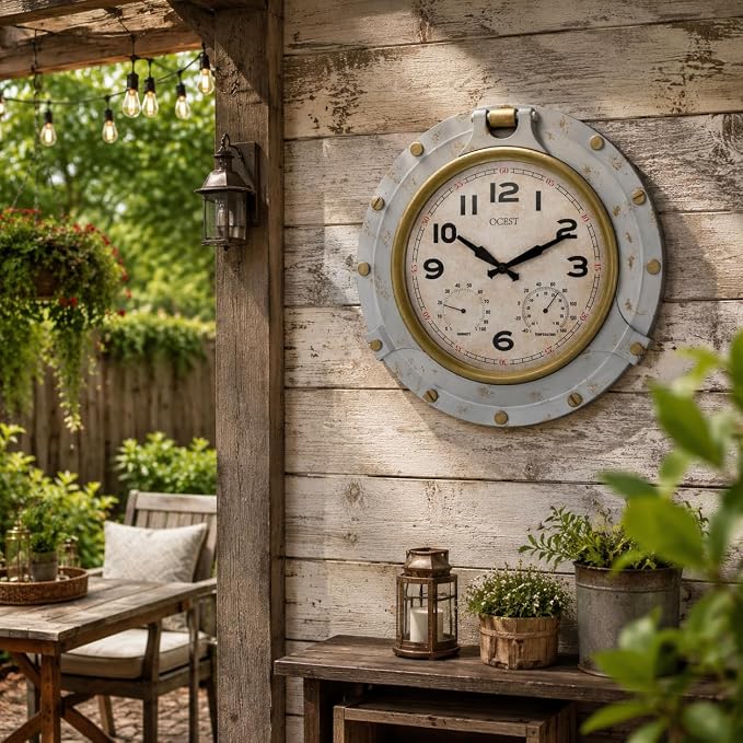 OCEST 18 Inch Outdoor Wall Clock with Thermometer and Hygrometer, Lightweight Waterproof Silent Clock with Large Easy-to-Read Numbers for Patio, Garden & Porch, Vintage Style
