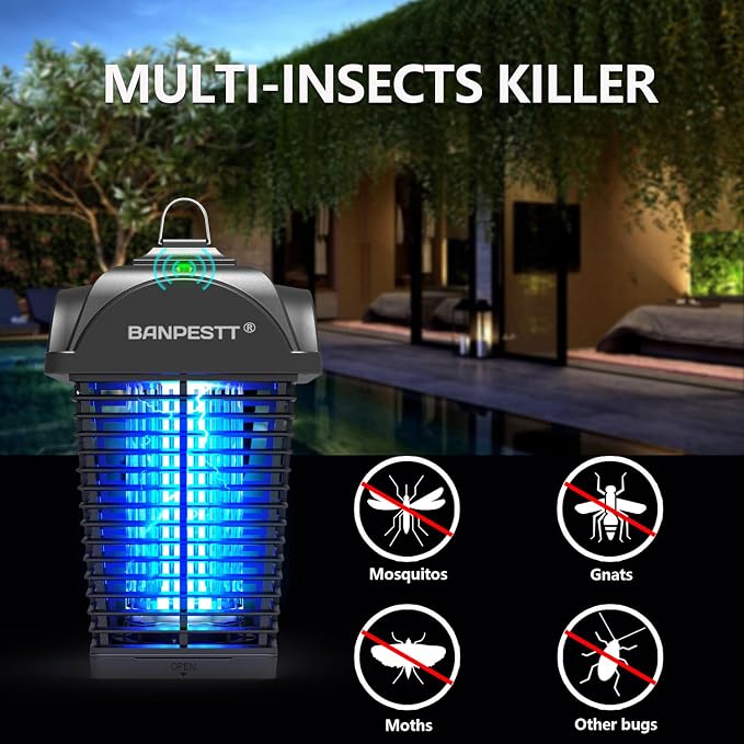 BANPESTT Bug Zapper Outdoor - Plug in Electric 4000V Mosquito Killer - Waterproof Indoor/Outdoor with Dusk-to-Dawn Sensor, Durable Grid & Easy-Clean Tray for Patio, Garden & Home (Black)