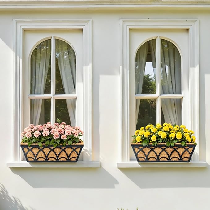 16 Inch Railing Planter Box Window Boxes Planters - 2 Pack Deck Railing Planter Boxes with Adjustable Brackets Coco Liners Balcony Planters Railing Hanging for Window Flower Boxes Outdoor Garden Decor