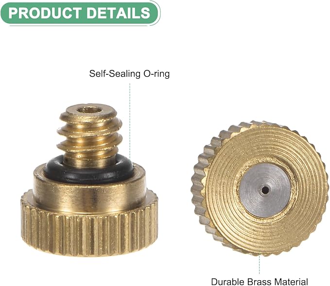 M METERXITY 30-Pack Brass Misting Nozzle, 0.024" 0.6mm Orifice 10/24 UNC O-Ring Replacement Mister Nozzles Plug Mister Heads for Garden Patio Outdoor Cooling System Low-Pressure Atomizing