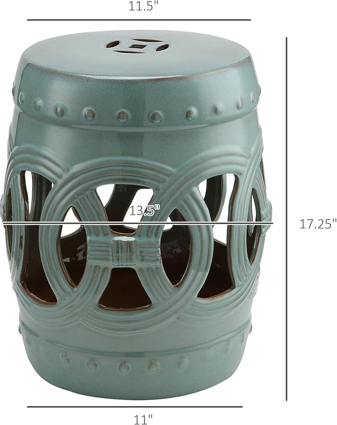 Outsunny 14" x 17" Ceramic Garden Stool with Double-Coin Knotted Ring Design & Strong Glazed Material, Decorative Outdoor Stool, Home Collection, Antique Blue