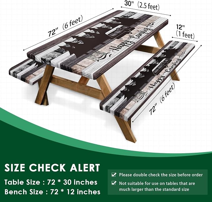 Picnic Table Cover with Bench Covers Elastic Edges, Grey Camper Fitted Table Cover, Outdoor Patio Camping Essentials 72 Inch 3PCS, Waterproof Camping Fitted Tablecloth with Drawstring Bag