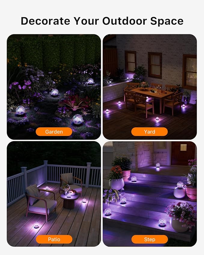 8 Pack Multicolor Solar Powered Cracked Glass Ball Lights Outdoor | Outside LED RGB Ambiance Circle Lamps, for Garden, Patio, Table, Walkway, Stairs, Lawn, Landscape Decor with Durable Stakes