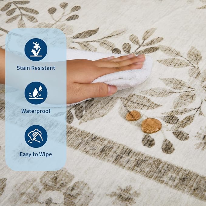 GarveeHome Runner Rug 2x10 for Bathroom Vintage Distressed Botanical Rug | Machine Washable Leaf and Flower Throw Floor Cover for Entryway Non-Slip Low Pile Beige Carpets Floral Rug for Kitchen
