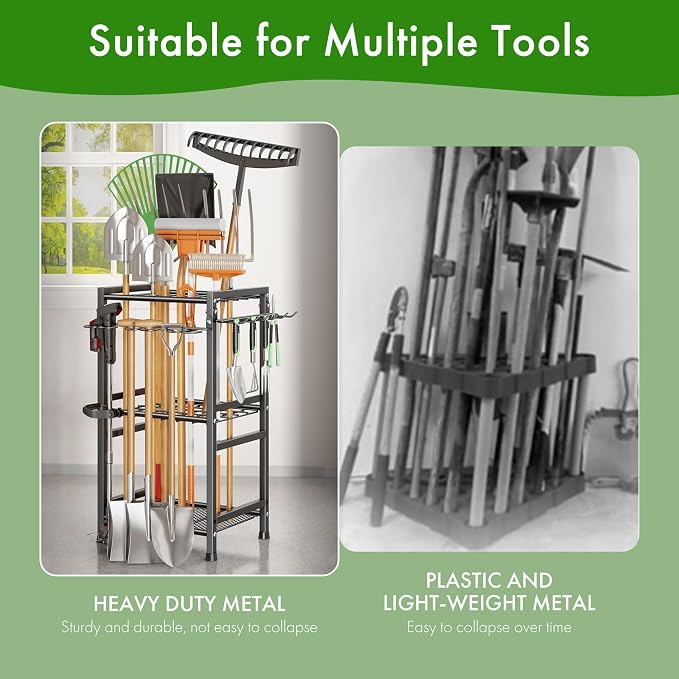 Garden Tool Organizer‑70‑Hole Garage Storage Rack with Adjustable Feet & Sturdy T‑Handle Hooks, Broom/Mop Holder for Yard, Shed, Multi‑Scene Use, No‑Tool Assembly, Black Garage Storage Rack