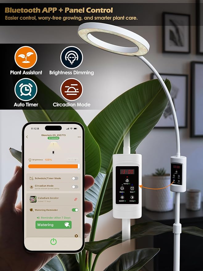 Smart Grow Lights for Indoor Plants, Plant Light with Auto-Timer, Full Spectrum LED Grow Light, Adjustable Height & Stepless Dimming,Plant Assistant Suitable for Most Plants (White, Single Head)