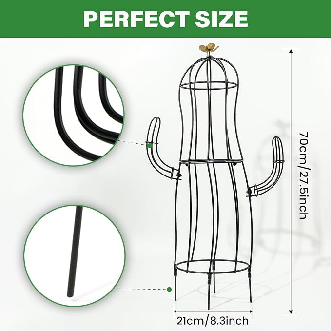 Cactus Obelisk Trellis - 8”x28” Unique Metal Design for Climbing Plants, Garden Decorative Support Structure for Potted Tall Vines and Rose Bushes