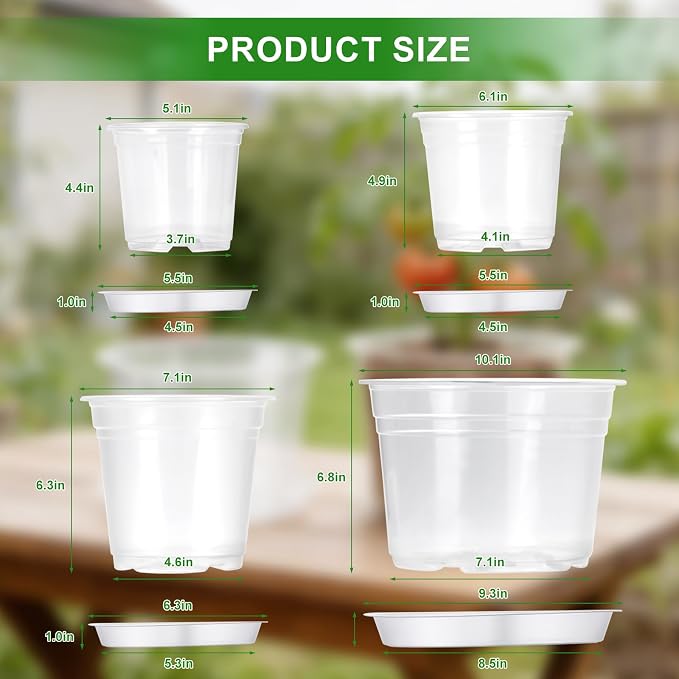 5/6/7/10 Inch Large Clear Nursery Pots with Drainage and Saucers - 16 Pack Plastic Plant Pots with Garden Tools & Labels, Seedling Pots for Transplanting Succulents Flowers Herb Vegetables