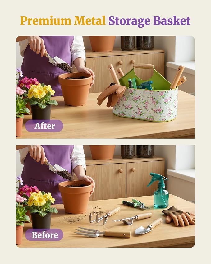 9-Piece Garden Tool Set, Heavy Duty Stainless Steel Rust-Proof Planting Kit with Ergonomic Wood Handles, Durable Metal Organizer Basket with 4 Compartments, Gardening Gift for Women, Mother