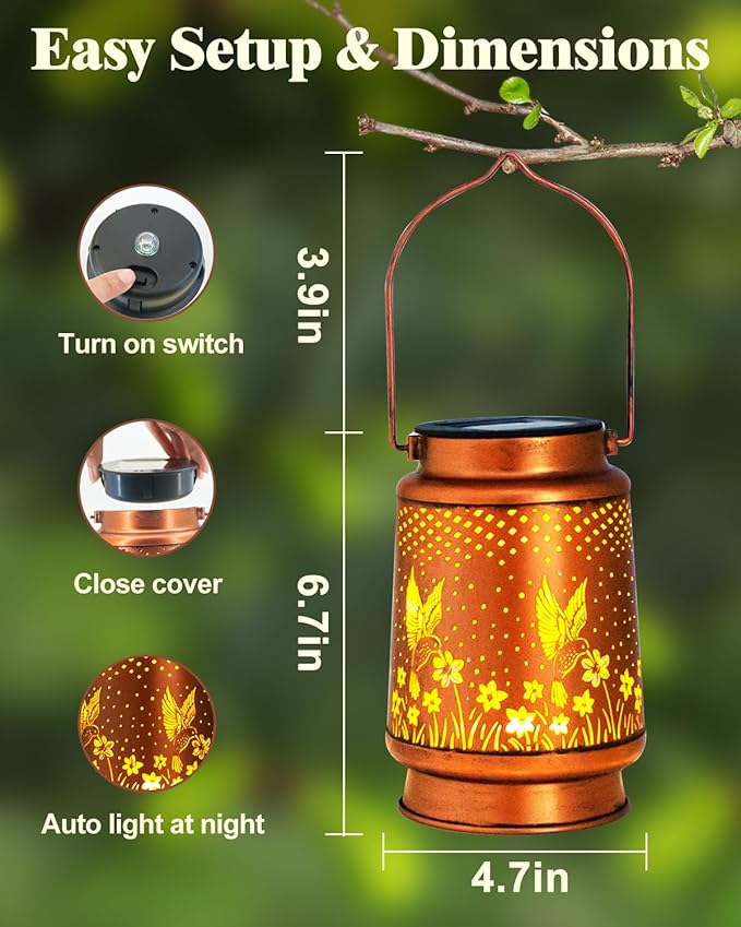 DIBIEECN 2 Pack Hummingbird Solar Lanterns Outdoor Waterproof, Garden Decor | Metal Hanging Lights, IP65 Waterproof, LED Decorative Lantern, Patio & Backyard, Birthday Gifts for Women, Mom & Grandma