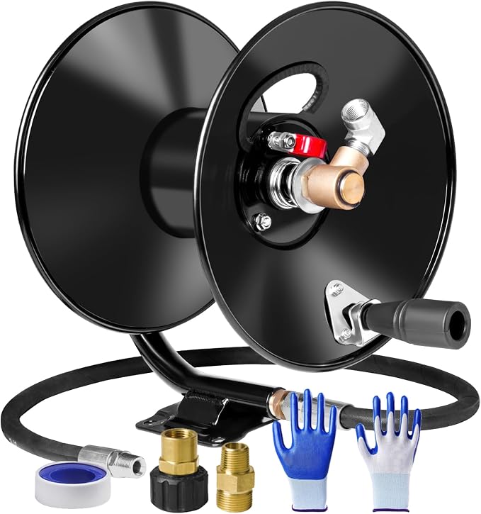 MEKOH Pressure Washer Hose Reel 50ftx3/8” / 65ftx1/4”, 4000PSI Heavy Duty Power Washer Hose Reel with M22-14 Fitting, Hand Crank Metal Reel with Wall/Trailer/Van Mount, Manual Hose Reel for Water