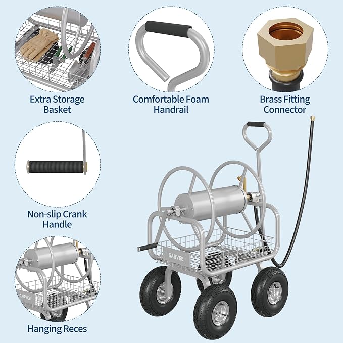 Garvee Garden Hose Reel Cart with Wheels, Hold Up to 300 ft of 5/8" Hose, Heavy Duty Water Hose Reel with Storage Basket, Mobile Outdoor Hose Storage for Garden, Yard, Farm