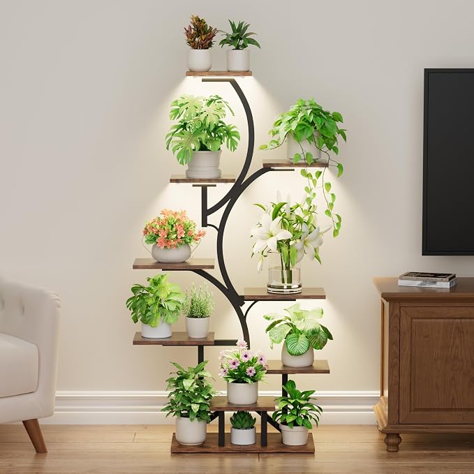 Plant Stand Indoor with Grow Light: Lighted Plant Stands 56.5" Tall, 9 Tiered Large Plant Shelf for Indoor Growing, S-Shaped Flower Holder Display for Multiple Plants, Living Room, Patio (Black)