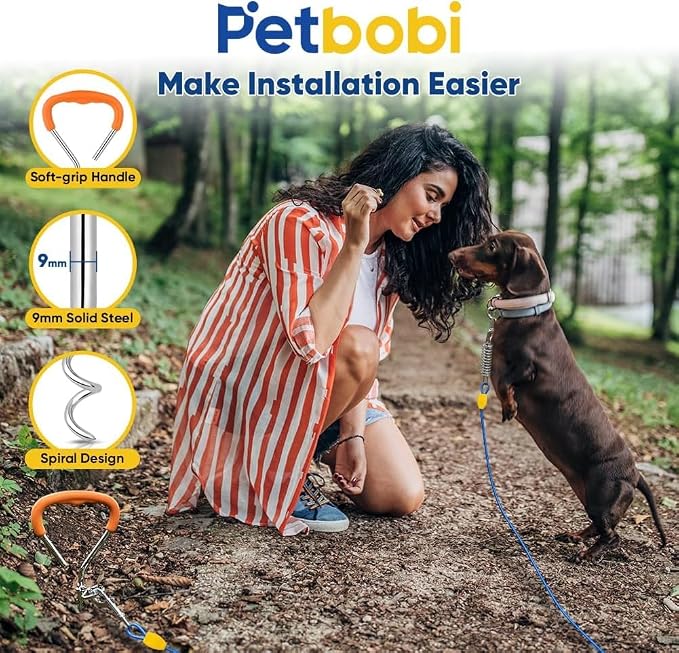 Petbobi Dog Tie-Out Cable and Stake - 20ft Heavy Duty Cable with Spring, No Tangle, 16in Ground Stake, Ideal for Yard, Camping and Beach, Suitable for Small Medium Large Dogs Up to 120 lbs, Blue