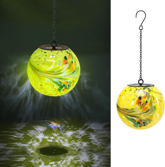VCUTEKA Glass Solar Lanterns Outdoor Yellow Hanging Solar Light for Outside | Solar Lanterns Outdoor Waterproof with Hook, Energy-Efficient LED White Glass Gazing Ball Lights for Garden, Yard Decor