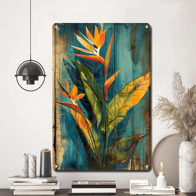 Metal Sign Tin Sign Vintage Wall Art Vintage Bird of Paradise Tin Sign for Exotic Garden Decor Rustic Wall Art and Distressed Wood Pan Wall Art for Bar 8×12 Inches