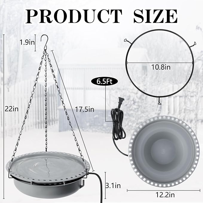 Adnee Hanging Heated Birdbath for Winter Outdoor, 100W Thermostatical Heated Bird Bath with Power Cord, Hanging Garden Bird Bath for Outside Patio Yard Decoration