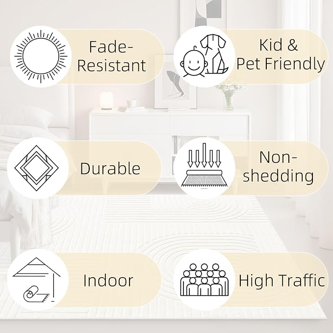 Beige Boho 8x10 Solid Color Area Rugs, Washable Living Room Rug | Ultra Soft Plush High-Low Pile Carpet, Fluffy, Non-Slip, Durable Rugs for Bedroom, Kids Room, Nursery, Apartment, Home Office