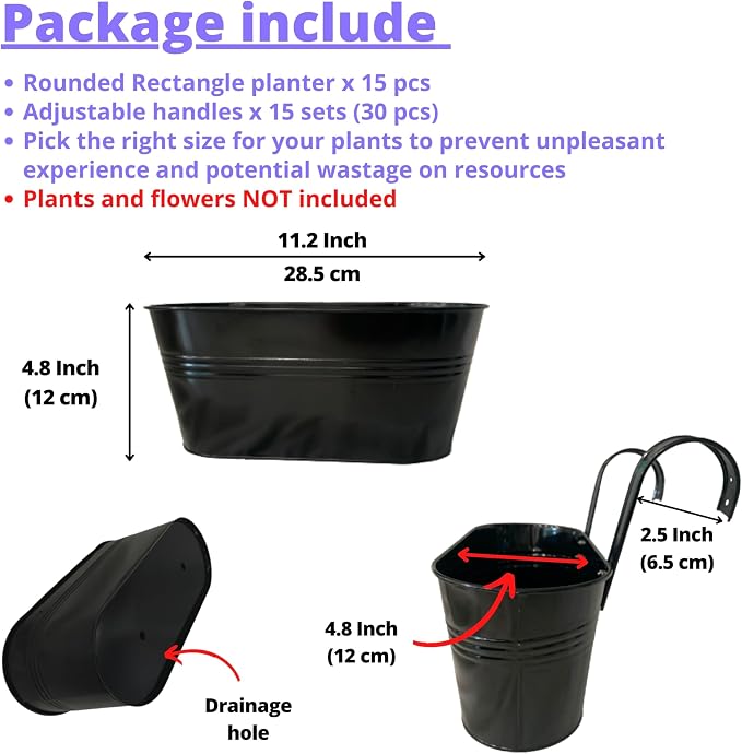LaLaGreen Outdoor Plants Rail Planter (11.2 Inch, 15 Pack) Black Metal Iron Hanging Flower Pots Deck Railings Fence Buckets Modern Boho Style Wall Mount Window Box Plant Holder Hooks Porch Home Decor