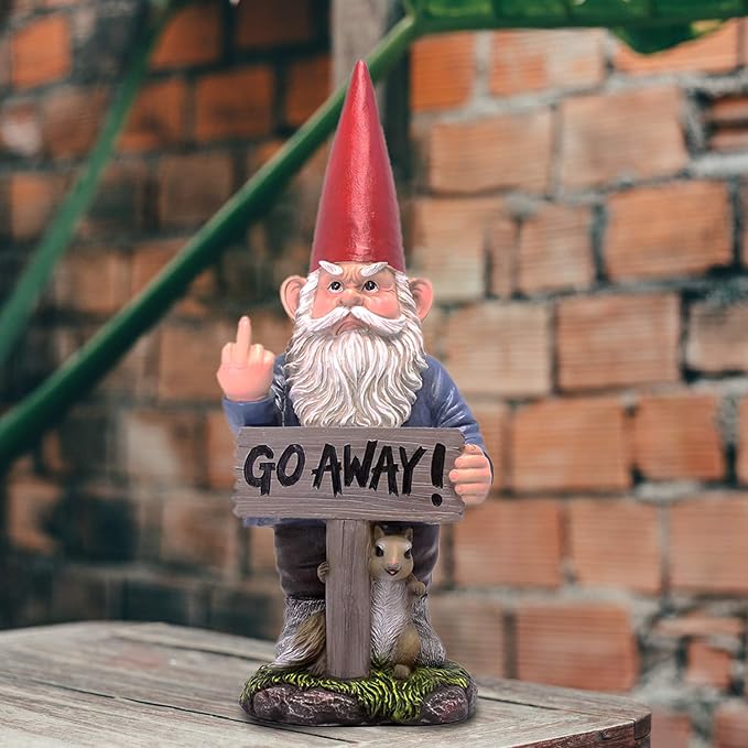 DWK Garden Gnome Statue, 17.5 Inch with Go Away Sign and One-Finger Salute | Take a Hike Un-Welcome Message, Hand-Painted Resin, Outdoor Porch or Garden Decor
