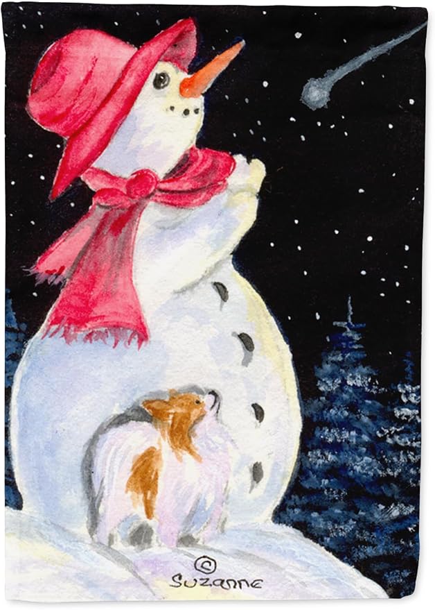 Caroline's Treasures SS8793GF Snowman with Papillon Garden Flag Mailbox Flag Decorative Yard Flag Banner Outside Patio Artwork Yard Flower Beds, Garden Size, Multicolor