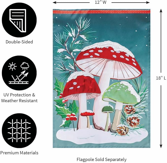 Evergreen Flag Woodland Winter Mushroom Welcome Garden Flags 12x18 Double Sided, Small Garden Flags for Outside, Christmas Garden Flag, Winter Yard Flags Outdoor Decoration