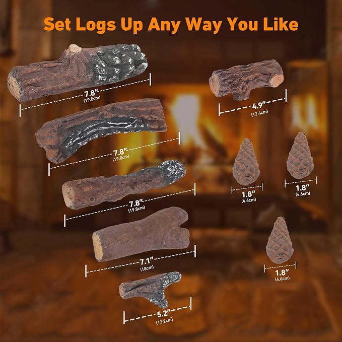 Stanbroil Small Ceramic Gas Logs, 10 Piece Set of Decoration Ceramic Fiber Wood Logs for All Types of Ventless, Gel, Ethanol, Electric, Gas Inserts, Propane, Indoor or Outdoor Fireplaces & Fire Pits