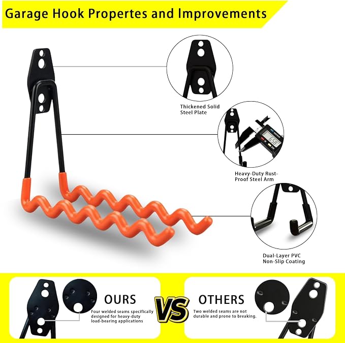 6 Pack Garage Hooks Heavy Duty with Anti-Slip Coating, Steel Utility Wave Hooks for Hanging Ropes, Bikes, Garden Tools, Hoses and More (Orange)