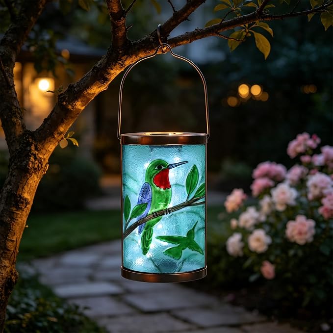 Hanging Solar Lantern Outdoor Waterproof Hummingbird Solar Lights Glass Tabletop Decorative Lamp for Outdoor Patio Garden Outside Yard Decor