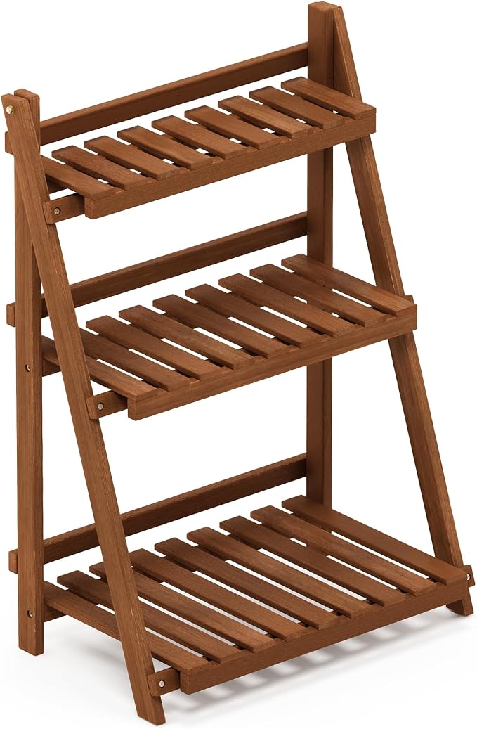 Furinno TIOMAN Plant Stand Outdoor, 3-Tier Ladder Plant Shelf, Tiered Plant Stand Indoor, Outdoor, Patio, Garden, Balcony, Light Wood