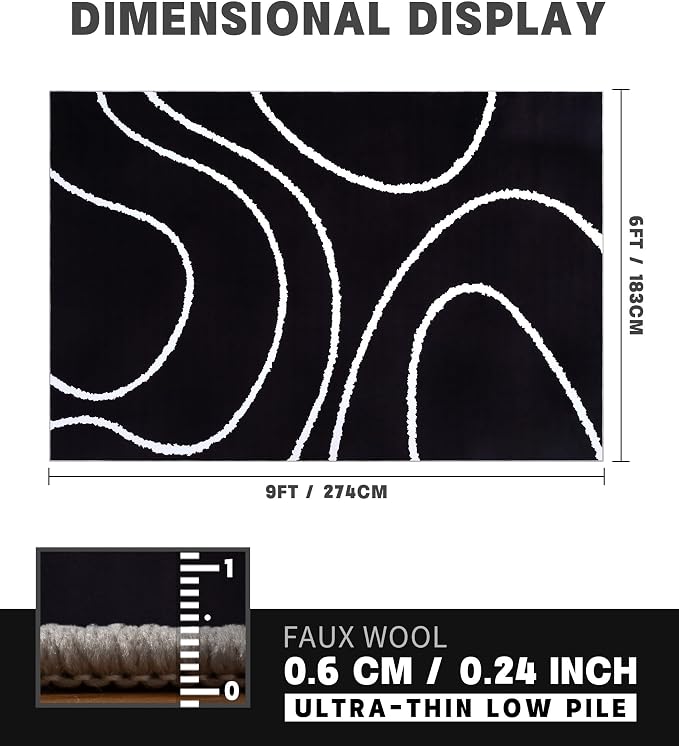 Black Modern Area Rug 6x9,Abstract Rugs for Bedroom,Black and White Geometric Rug,Minimalist Wave Rug,Dark Washable Area Rugs 6x9 Non Slip Rugs for Living Room，Office