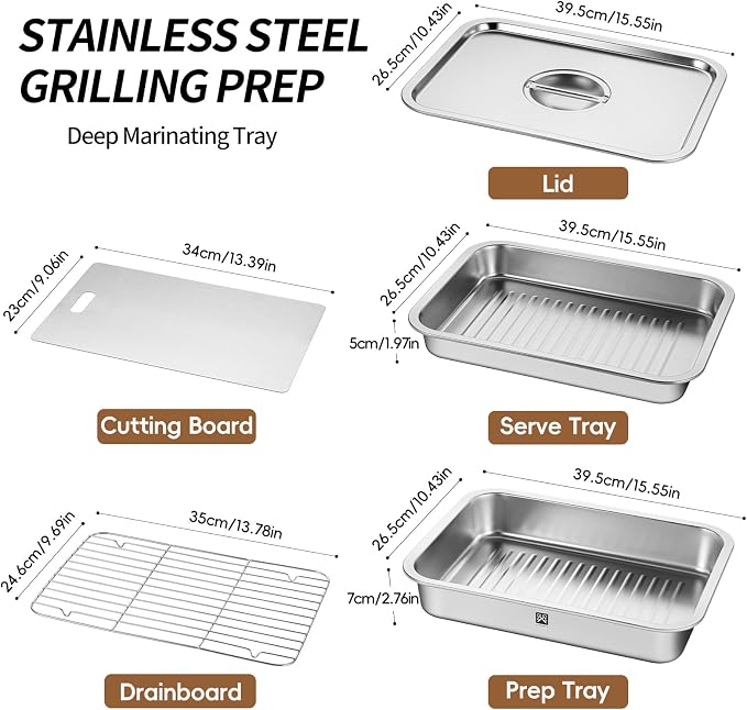 GOLDEN KEY Grilling Prep and Serve Tays,Stainless Steel Grill Carry System,Grill Prep Trays Set of 5,Marinade Container with Lid and Cutting Board,Grilling Gifts for Men