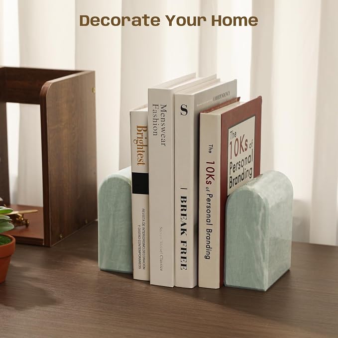 Marble Bookends for Shelves, Decorative Book Ends, 13lbs Heavy-Duty Marble Book Holders, Stone Bookshelf Decor, Light Green