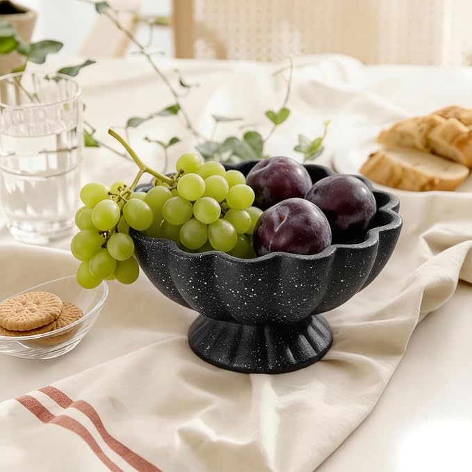 Pedestal Decorative Bowl Home Decor - 7.9" Morden Resin Handmade Decorative Fruit Bowl for Kitchen Counter, Chic Ruffle Bowl Centerpiece Decor for Dining Table Coffee Table (Starry Black)