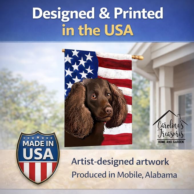 Caroline's Treasures CK6402CHF American Water Spaniel American Flag House Flag Large Porch Sleeve Pole Decorative Outside Yard Banner Artwork Wall Hanging, Polyester, House Size, Multicolor