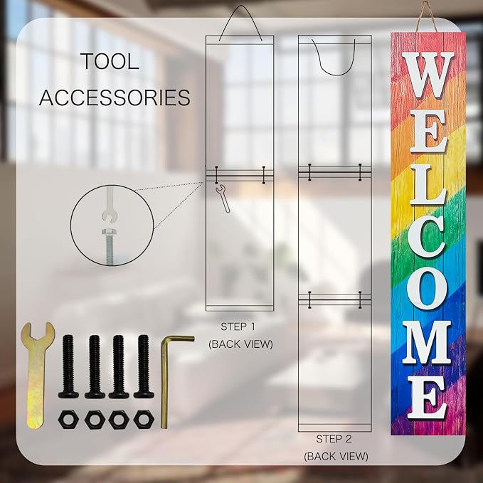 Vertical Wood Welcome Sign for Front Porch Vertical Decorative Sign Front Door Outdoor Indoor Welcome Sign 47.2x7.8 Inch Large Farmhouse Style(Rainbow)