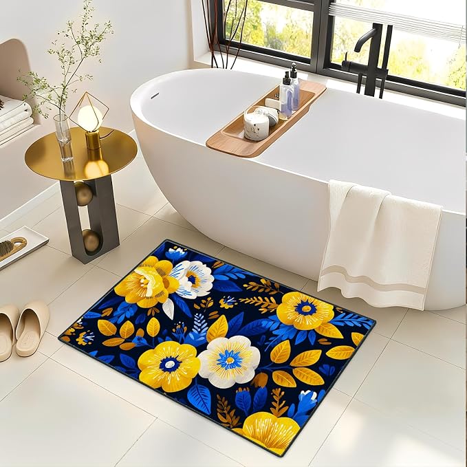 Navy Blue Yellow Floral 2x3 Entry Rug,Washable Small Rugs for Entryway Kitchen Bathroom Door Mat Indoor Entrance,Non Slip Rubber Backing, Stain & Fade Resistant, Vibrant Boho Decor