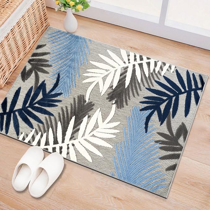 Rugshop Blue Palm Frond Indoor/Outdoor Accent Rug Easy Cleaning for Entryway, Kitchen and Mudroom, 2' x 3'