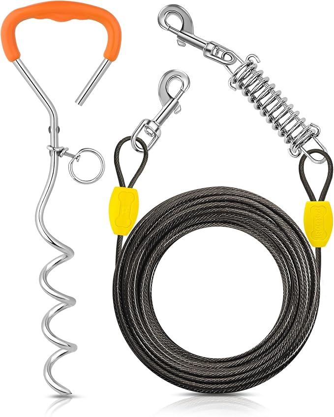 Petbobi Dog Tie-Out Cable and Stake - 40ft Heavy Duty Cable with Spring, No Tangle, 16in Ground Stake, Ideal for Outdoor Yard, Camping, Suitable for Small Medium Large Dogs Up to 120 lbs, Black