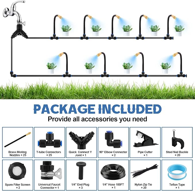 Kalolary 100Ft Misting Cooling System with 360°Adjustable Nozzles,Misters for Outside Patio with 100FT Misting Line& 25pcs Brass Mist Nozzles Outdoor Mister for Garden Greenhouse Plant Drip Irrigation