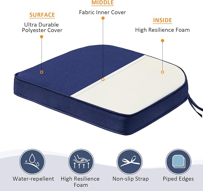 Unimatta Round Corner Seat Cushions, 17" x 16" x 2", Set of 4, Indoor Outdoor Water Repellent Universal Chair Pads with Ties for Patio Furniture, Garden Deck Dining Chairs, Navy