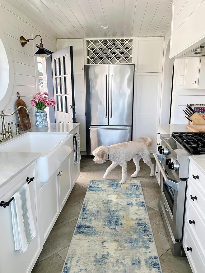 Lahome Modern Abstract Blue Bathroom Rug, 2x6 Washable Long Hallway Rug Soft Non Slip Blue Floor Accent Carpet Runner for Entryway Kitchen Laundry Room Doorway Bedroom